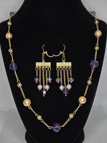 Purple Crystal and Champagne Pearl with Gold Chain Jewelry Set