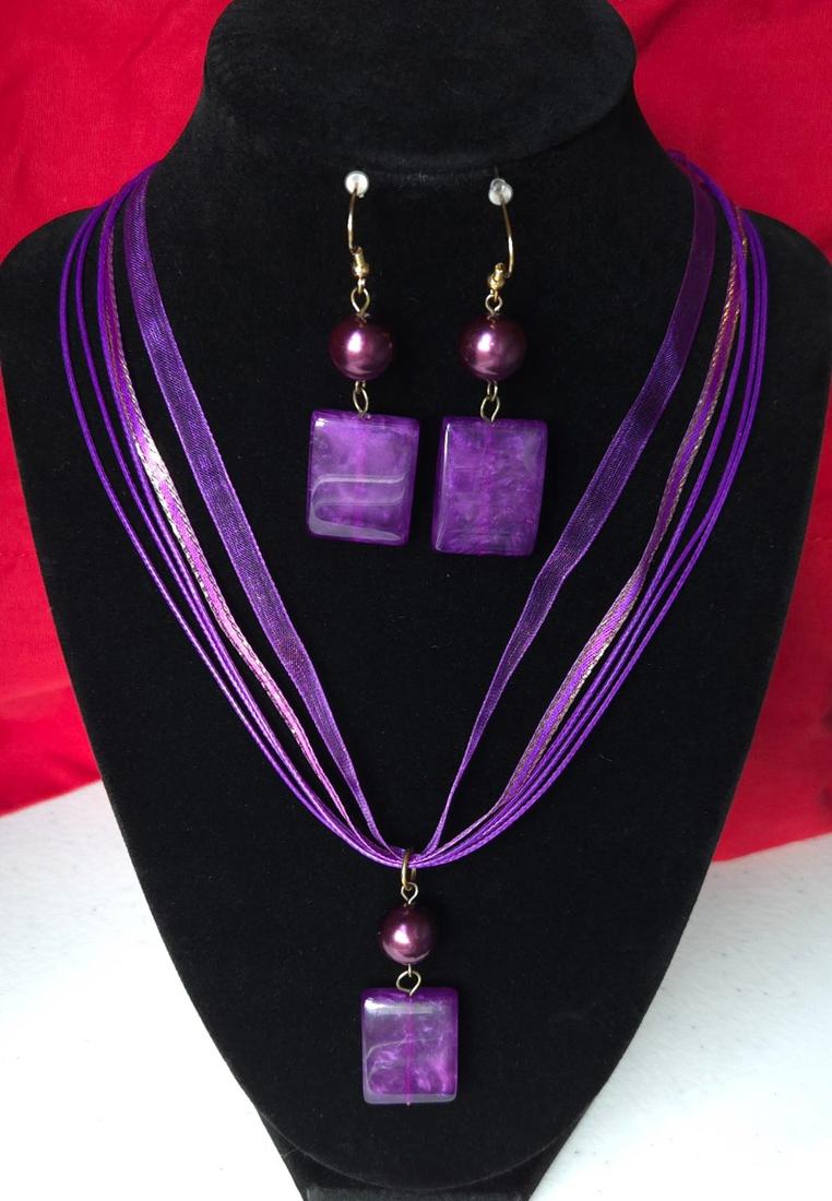 Square Purple Glass Pendant with Purple & Gold Ribbon Necklace and Earrings Set — photo 1