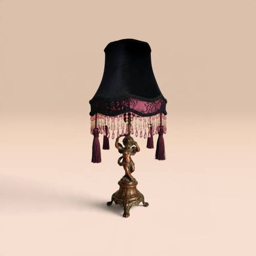 Gothic Victorian Lampshade, Black Velvet Handmade Light Shade, Vintage French Frame, Glass Beads & Decorative Fringe ~EDERA~