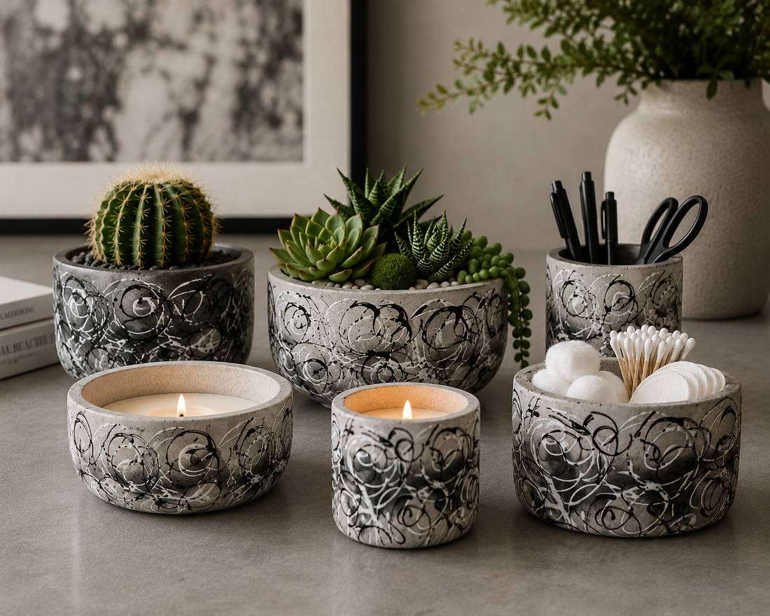 Hand Poured and Painted Concrete Bowls, (Set of Two) — photo 1