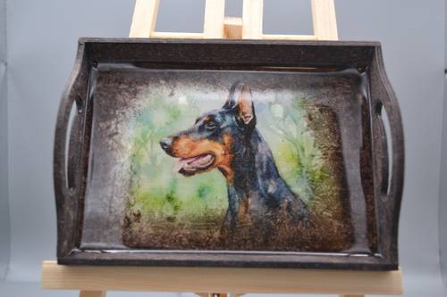 Handcrafted Doberman Wooden Tray Custom resin-coated wooden tray featuring a watercolor dog portrait. Perfect desk catchall or show prize.