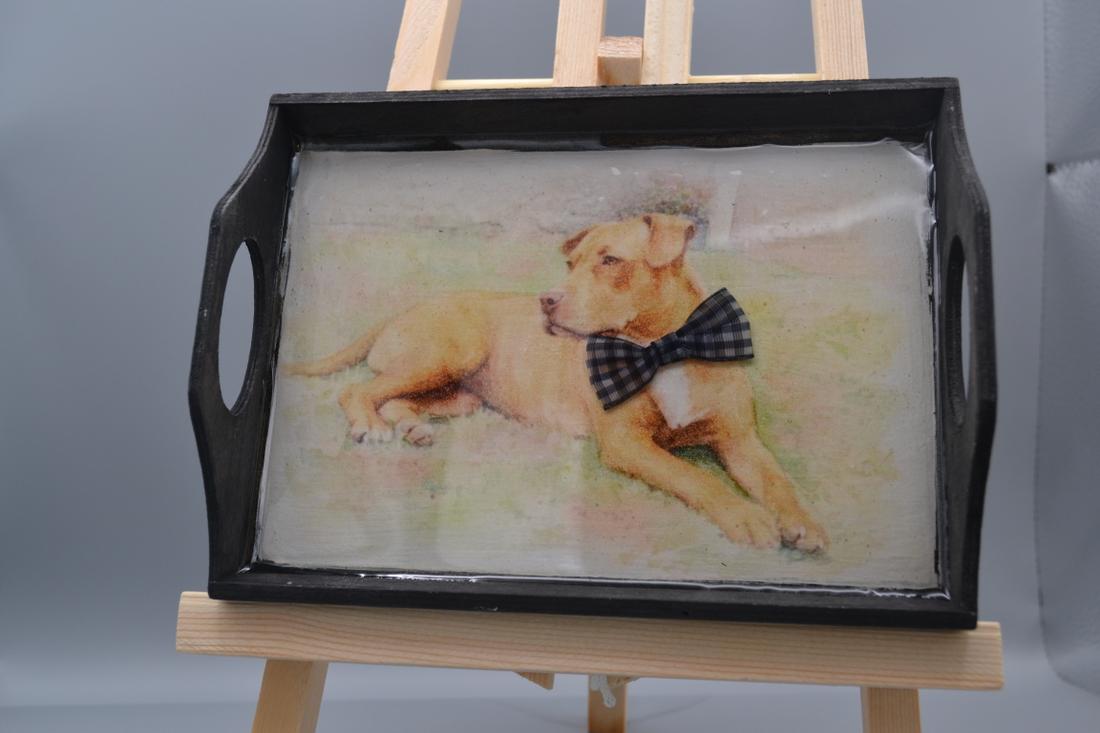 Handcrafted Pitbull Wooden Tray Custom resin-coated wooden tray featuring a watercolor dog portrait in a bow tie.Great desk catchall or gift — photo 1
