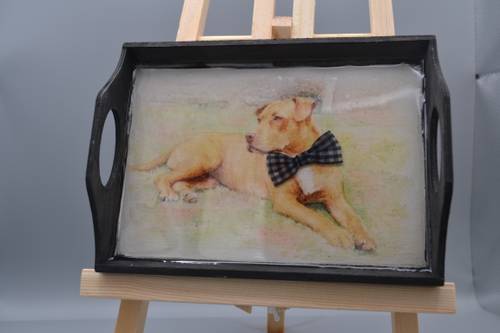 Handcrafted Pitbull Wooden Tray Custom resin-coated wooden tray featuring a watercolor dog portrait in a bow tie.Great desk catchall or gift
