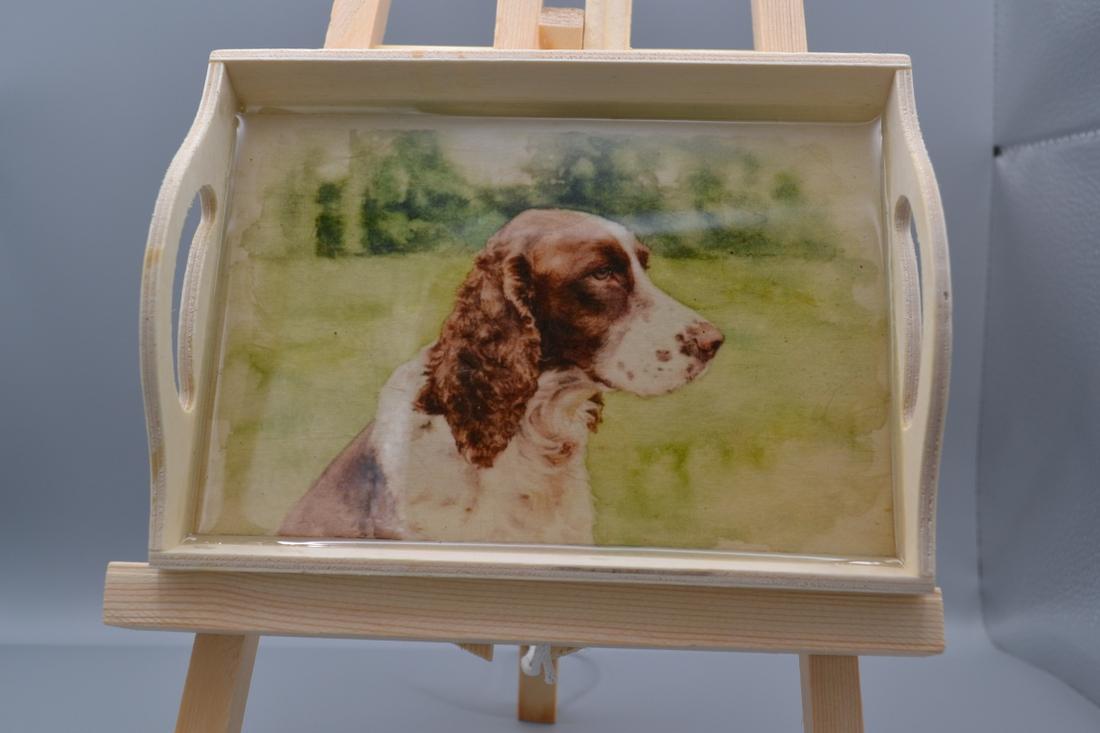 Handcrafted Springer Spaniel Tray Custom resin-coated natural wood tray featuring a watercolor portrait. Great desk catchall or show prize β photo 1