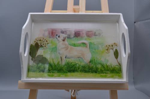Custom resin-coated white wooden tray with pressed flowers and watercolor Chihuahua portrait. Great catchall or gift.