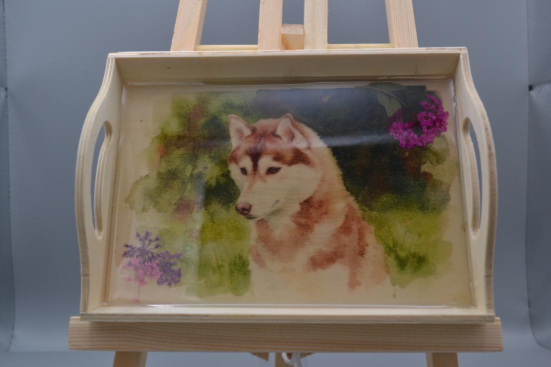Custom resin-coated natural wood tray with floral accents & Husky portrait. Great catchall or show prize. — photo 1