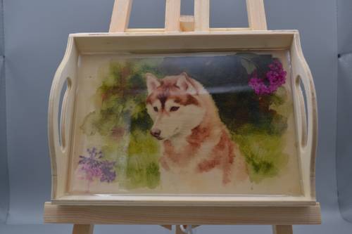 Custom resin-coated natural wood tray with floral accents & Husky portrait. Great catchall or show prize.