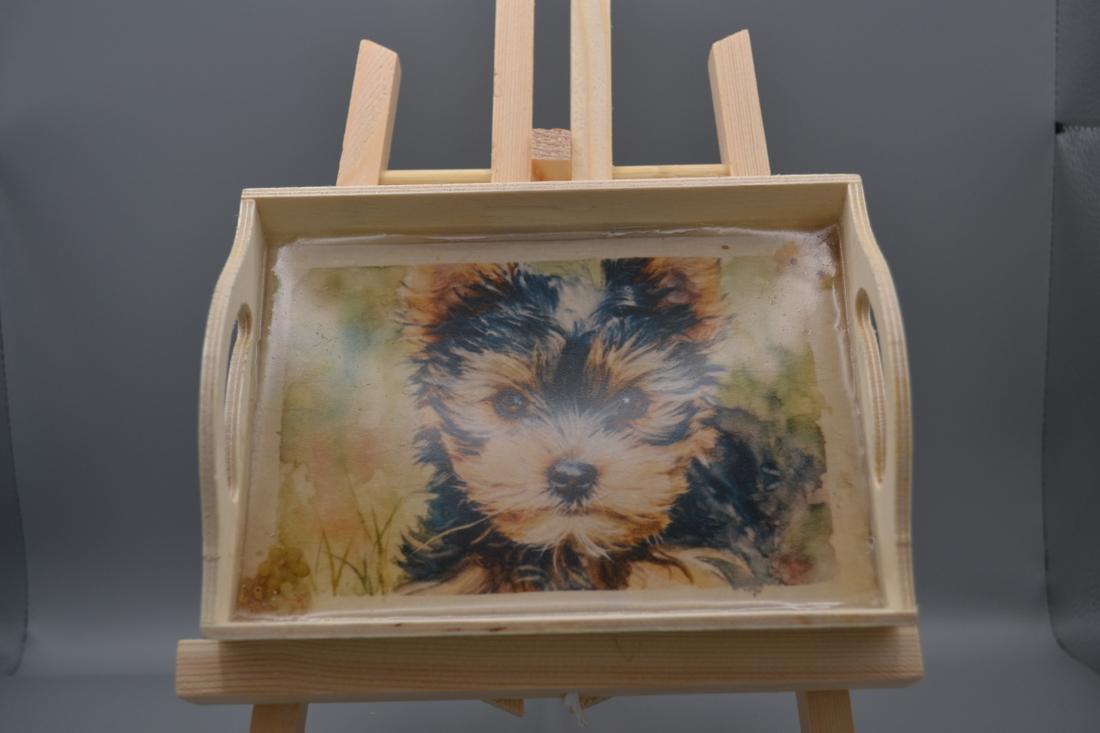 Custom resin-coated natural wood tray with floral accents & Yorkie portrait. Great catchall or show prize. — photo 1