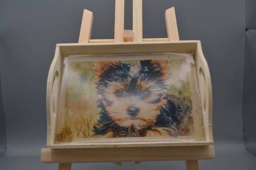 Custom resin-coated natural wood tray with floral accents & Yorkie portrait. Great catchall or show prize.