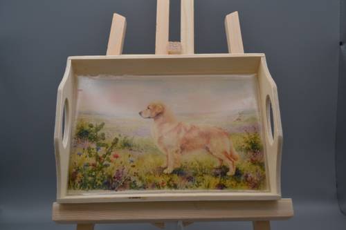 Custom resin-coated natural wood tray with floral accents & Golden Retriever portrait. Great catchall or show prize.
