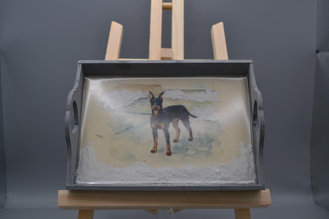 Custom resin-coated gray wood tray with snowy texture accents & Manchester Terrier portrait. — photo 1