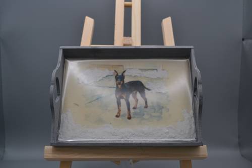 Custom resin-coated gray wood tray with snowy texture accents & Manchester Terrier portrait.