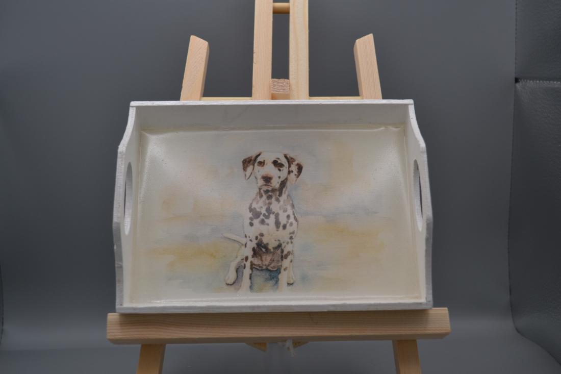Custom resin-coated white wooden tray with watercolor Dalmatian portrait. Great desk catchall or show prize. — photo 1