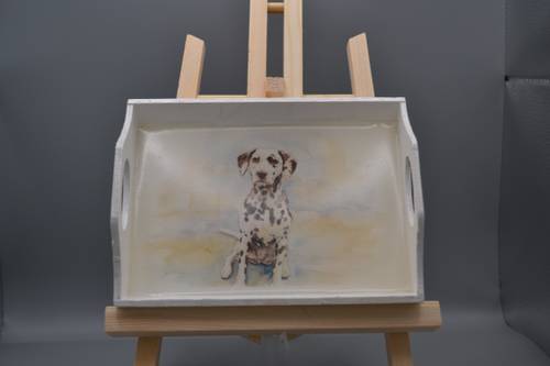 Custom resin-coated white wooden tray with watercolor Dalmatian portrait. Great desk catchall or show prize.