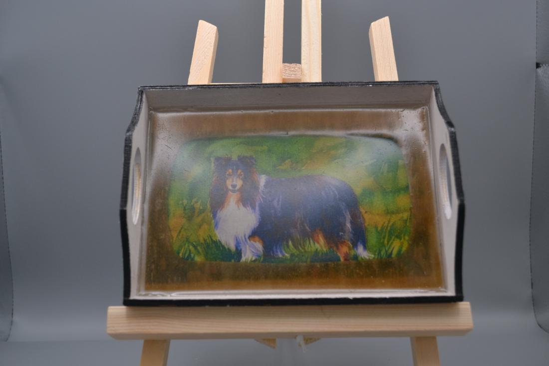 Custom resin-coated wood tray with dark accent border & tri-color Shetland Sheepdog portrait. β photo 1