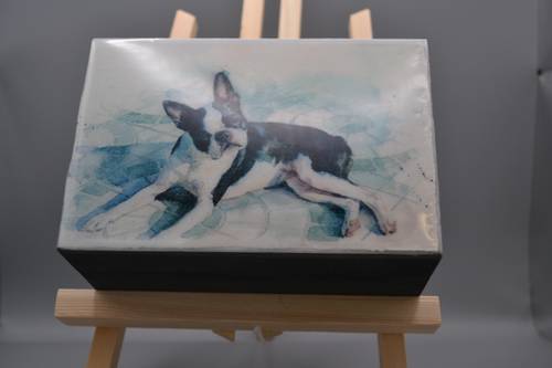 Custom dark-wood jewelry memory keepsake box with watercolor Boston Terrier art