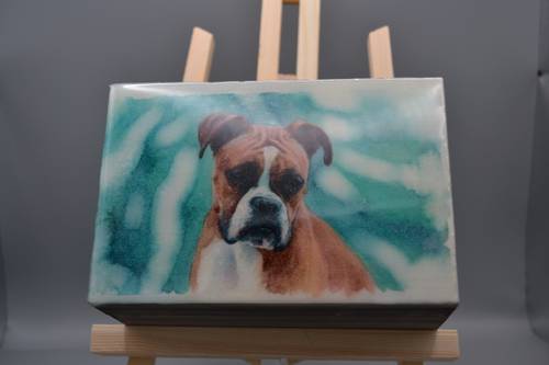 Custom dark-wood jewelry memory keepsake box with fawn Boxer watercolor art & teal accents.