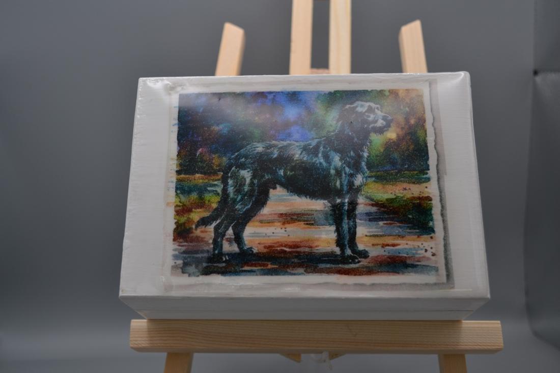 Custom white wood jewelry keepsake box with Scottish Deerhound watercolor art & royal blue velvet lining — photo 1