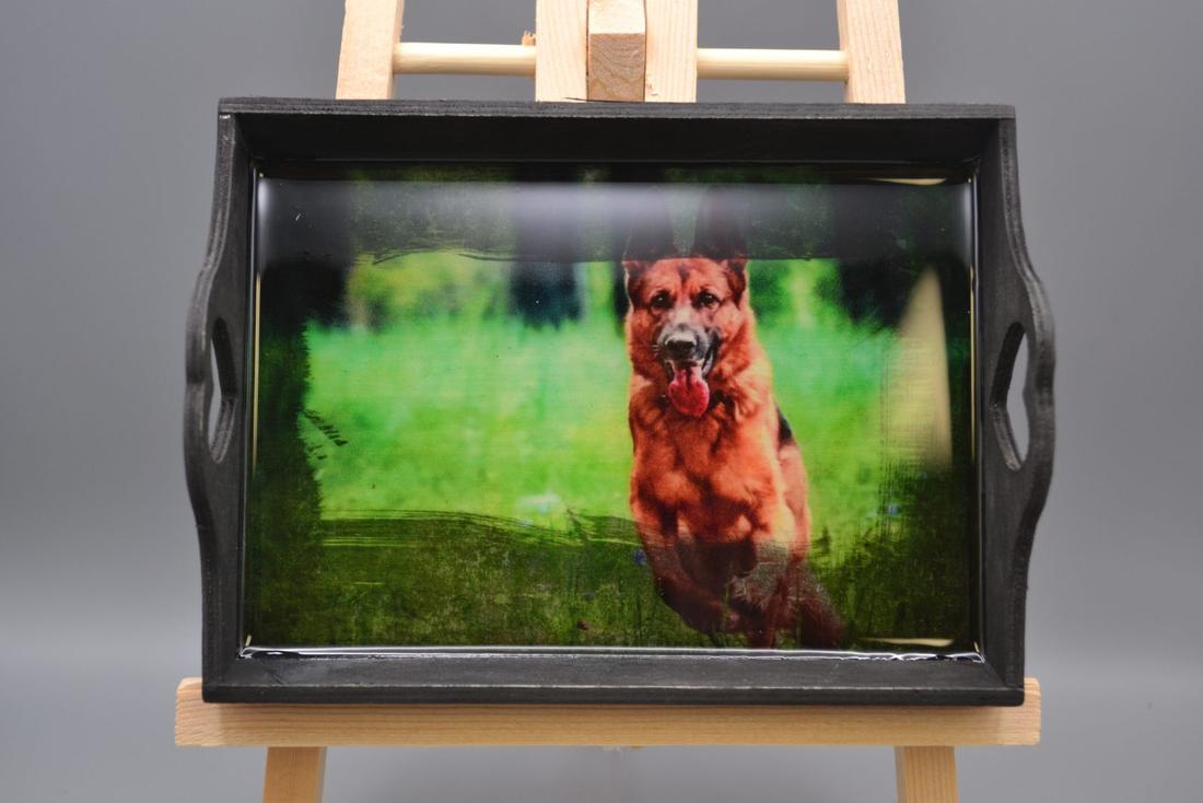 Handmade German Shepherd Resin Wood Tray - 6.5" x 4.5" Rustic Black Dog Valet Trinket Dish, Running GSD Keepsake — photo 1