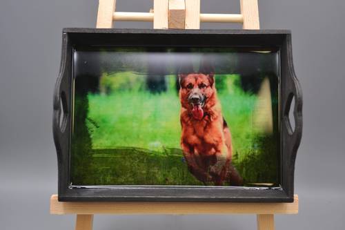 Handmade German Shepherd Resin Wood Tray - 6.5" x 4.5" Rustic Black Dog Valet Trinket Dish, Running GSD Keepsake