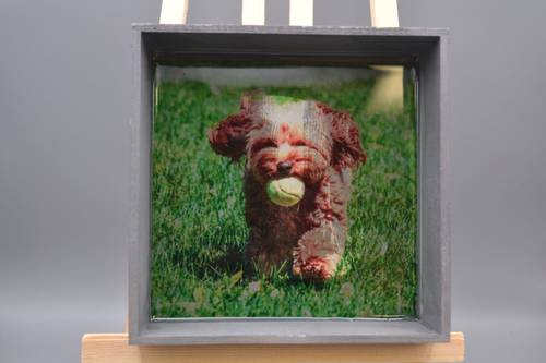 Handmade Doodle Wood & Resin Art Tray - Gray Square Dog Catchall Dish, Puppy with Tennis Ball Trinket Box