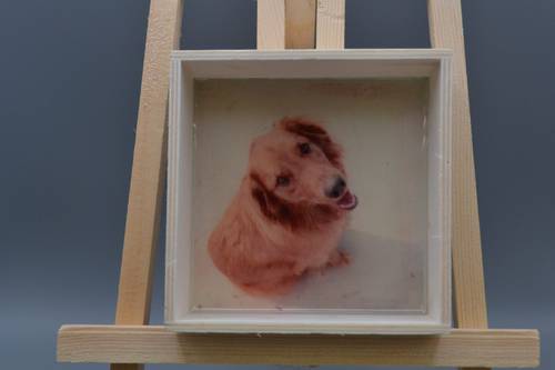 Handmade Golden Retriever Resin Wood Tray - 5.5" Square White Dog Art Trinket Dish, Tabletop Portrait Keepsake
