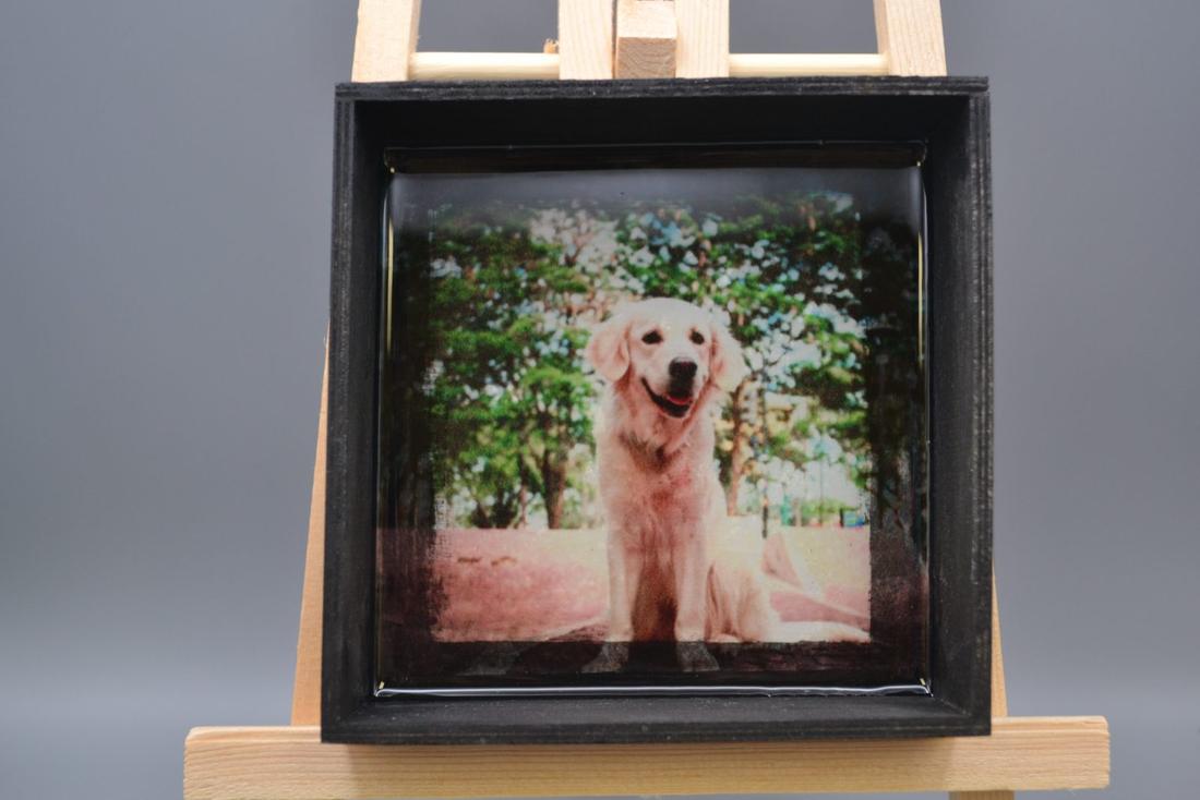 Handmade Golden Retriever Resin Wood Tray - 5.5" Square Black Dog Valet Dish, Smiling Retriever Trinket Box Keepsake — photo 1