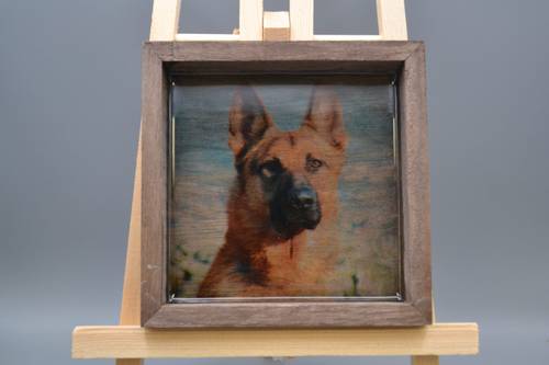 Handmade German Shepherd Wood & Resin Art Tray - 5.5" Square Rustic Dog Portrait Valet Dish, GSD Trinket Box Keepsake