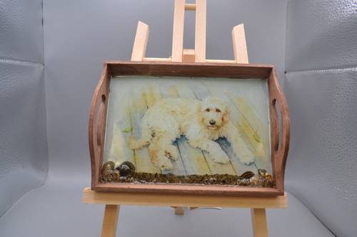 Goldendoodle Beach Resin Wood Mini Tray Art, Real Shells & Sand Catchall Dish, Handcrafted Timber Dog Keepsake Desk Decor Plaque Gift