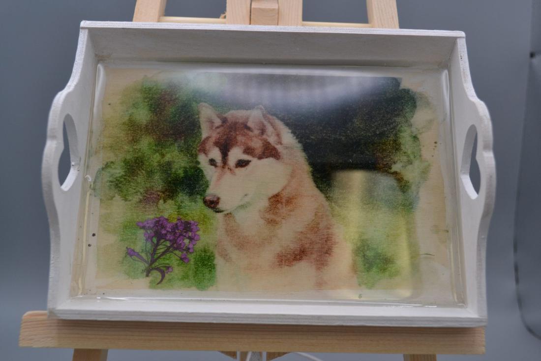 Handmade Wooden Dog Trinket Tray Resin Husky Catchall Jewelry Dish Gift — photo 1