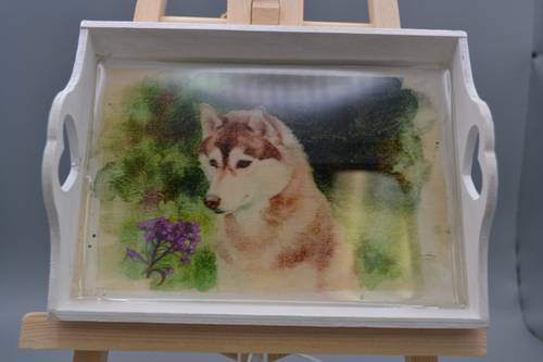 Handmade Wooden Dog Trinket Tray Resin Husky Catchall Jewelry Dish Gift