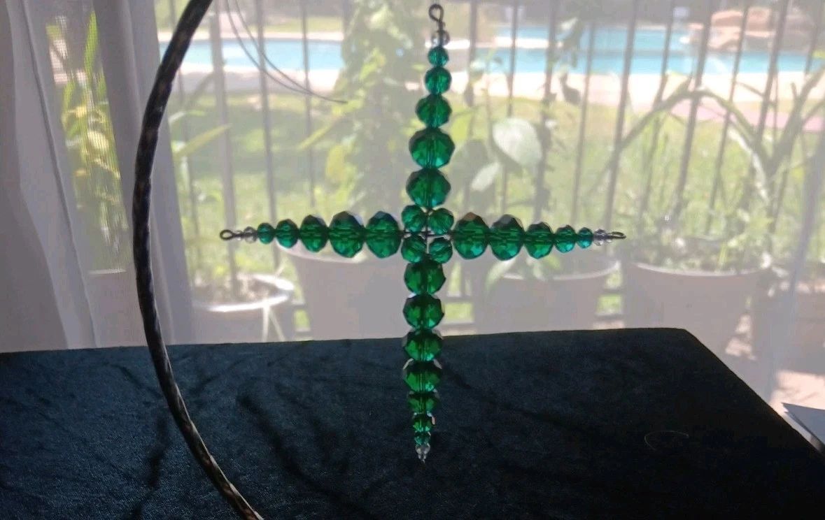 Large 4" Glass and crystal beaded cross ornament suncatcher