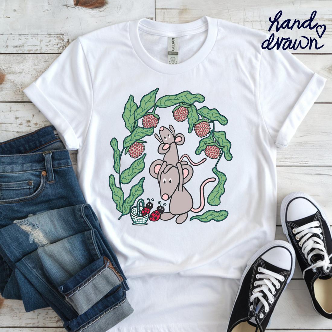 Whimsical Mice T Shirt For Women, Hand Drawn Cartoon Style Art Illustration, Cute Friends Berry Picking. — photo 1