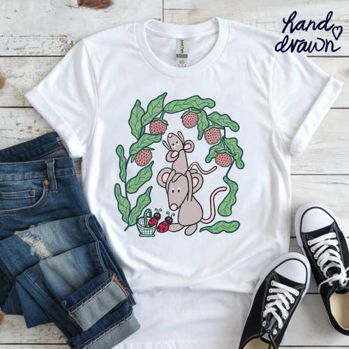 Whimsical Mice T Shirt For Women, Hand Drawn Cartoon Style Art Illustration, Cute Friends Berry Picking.