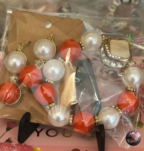 Orange & faux pearl bracelet set