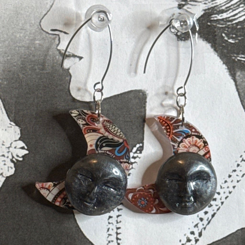 Crescent moon and gray moonface earrings