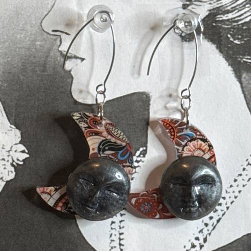Crescent moon and gray moonface earrings