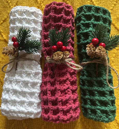 Handmade Crochet Cotton Petite Dishcloths โ Set of 3 | Holiday Gift in Forest Green, Cranberry & White
