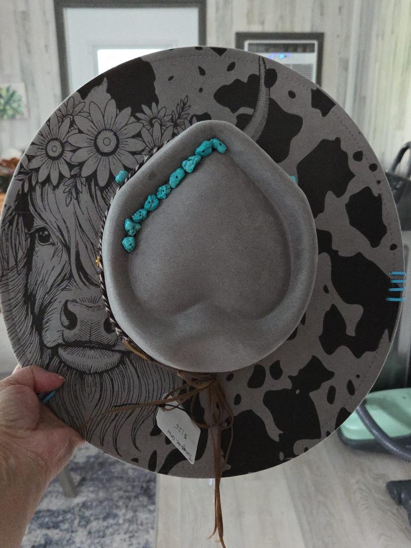 Custom Highland Cow & Turquoise Grey Western Hat – One-of-a-Kind Statement Piece — photo 1