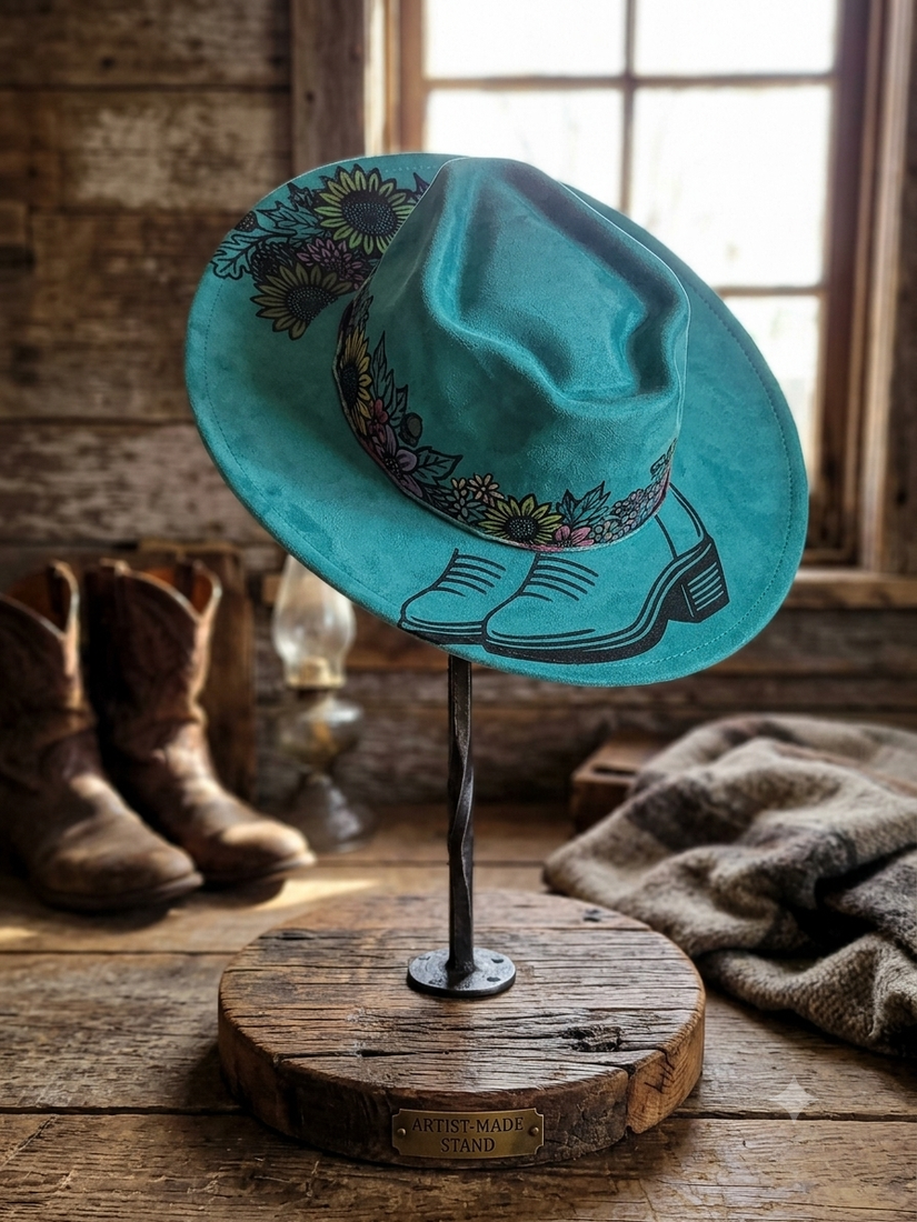 Custom Teal Floral & Cowboy Boots Western Hat – One-of-a-Kind Statement Piece — photo 1