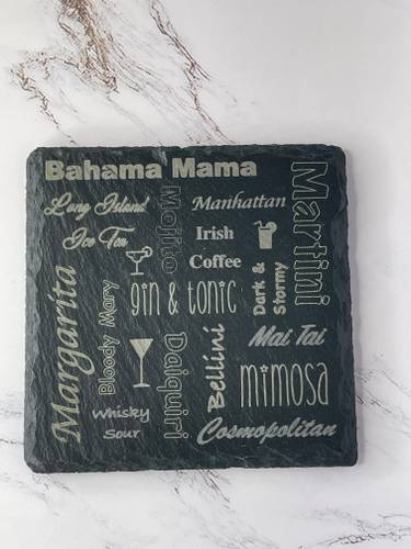Set of 4 laser engraved slate coasters featuring different drink names