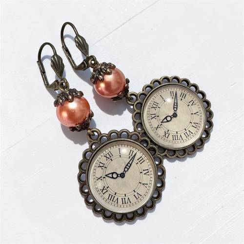 Antique Bronze Steampunk Clock Earrings, Vintage Clock Earrings, Clock Charm, Cream Pearl Earrings, Pearl Drop Earrings Gift For Her